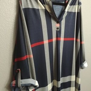 Blue, Tan & Red Plaid High-Low Tunic Top